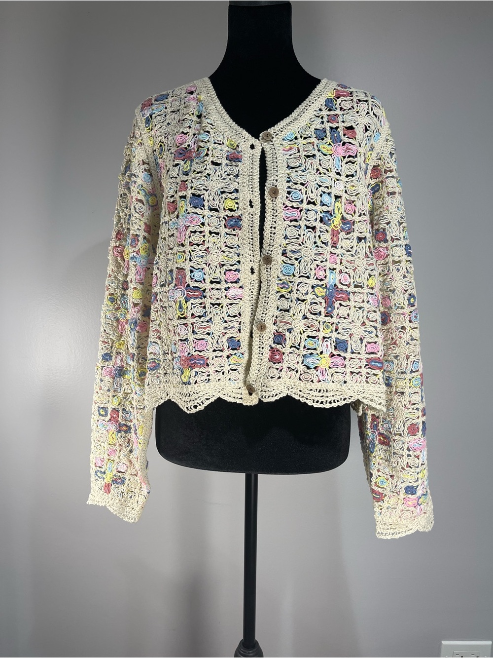 SAACHI Cotton Cream Crochet Cardigan Sweater with Pastel Accents NWOT